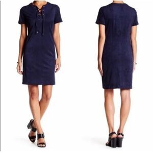 Eliza J Faux Suede Lace-Up Short Sleeve Lined Shift Dress Business Navy 14